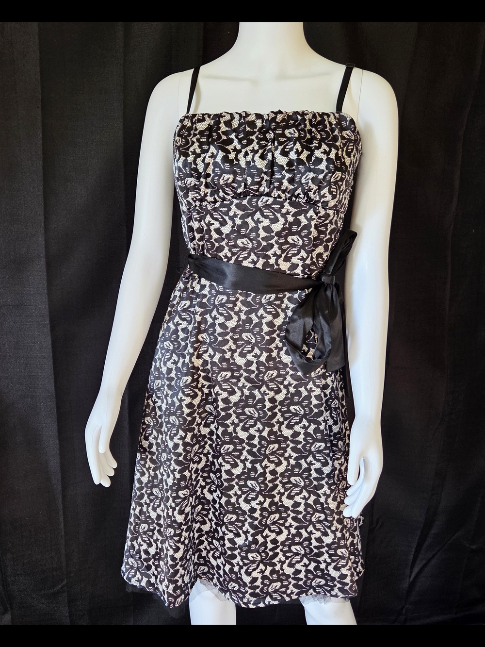 Black Floral Lace Overlay Dress Wedding Guest Party Fit Flare Corset Sz 12